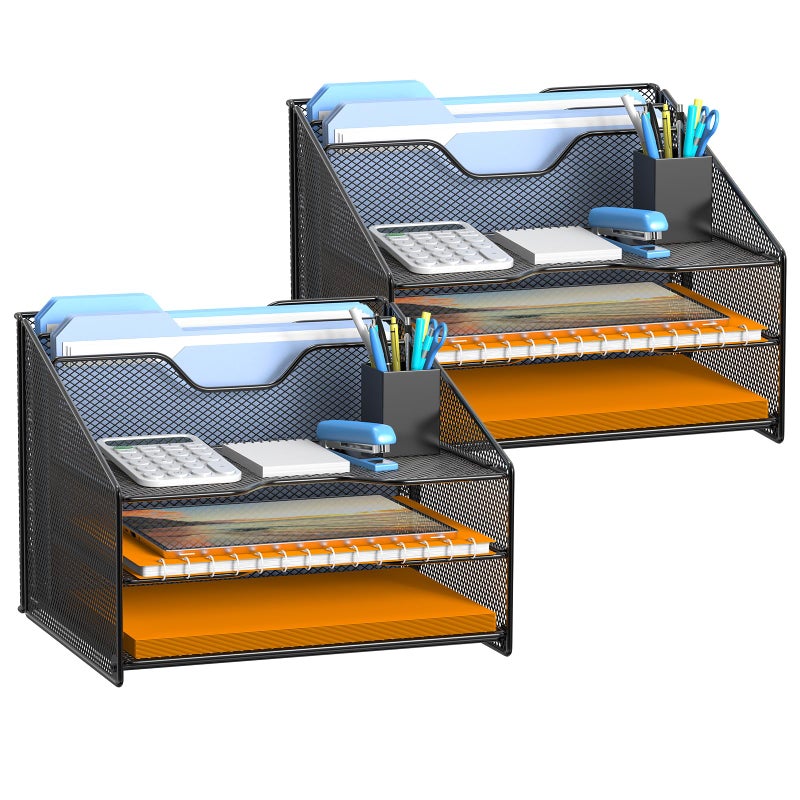 Samstar 2 Pack Mesh Desk File Organizer Letter Tray Holder, Desktop File Folder Holder with 3 Paper Trays and 2 Vertical Upright Section, Black - Image 1